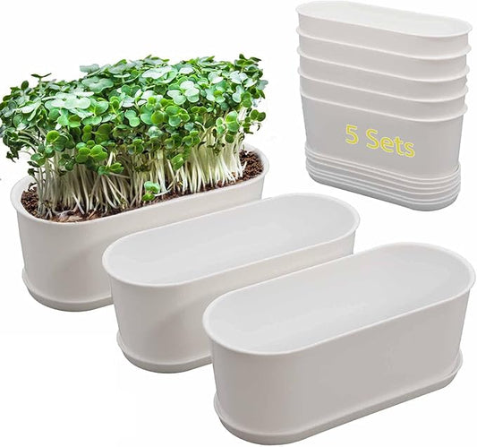 5-Pack White Herb Planter Box with Drip Trays, 8.5 Inch Small Oval Window Planters for Kitchen Sill, Indoor Outdoor, Perfect for Basil, Mint, Succulents, Flowers