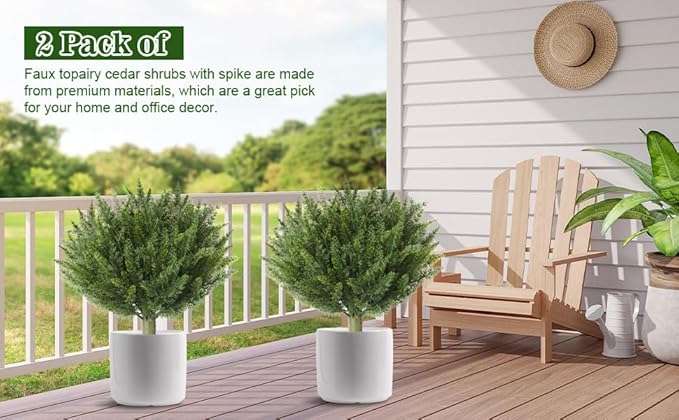 15.7" Christmas Fake Shrubs, Artificial Cedar Ball Tree Plant, 4 Packs of Fake Cedar Outdoor shrubs with Ground Spike, UV Resistant Fake shrubs, Used for Indoor and Outdoor Front Porch Gardens