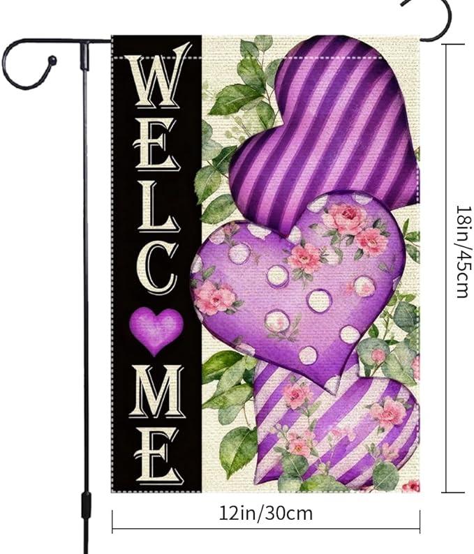 Welcome Valentines Day Garden Flag 12x18 Inch Double Sided Small Burlap Purple Hearts and Floral Seasonal Decor for Outdoor Yard Patio Porch