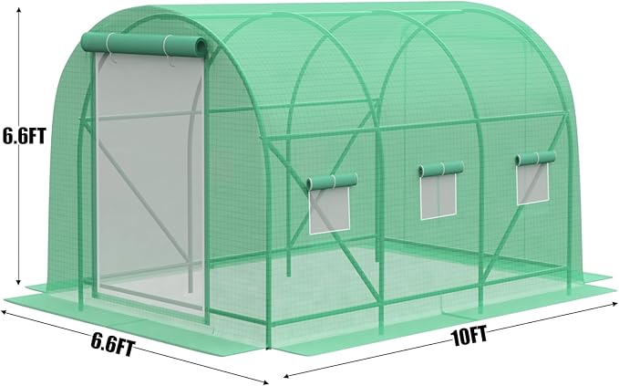10x7x7 Greenhouse, Portable Green House for Outside, Greenhouses Kit for Outdoor with Metal Frame, Thicken PE Cover, Ground Nail and Fixed Ropes (Green Cover)
