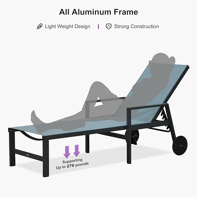 PURPLE LEAF Outdoor Chaise Lounge Set for 2 Aluminum Patio Chaise Lounger Chair with Armrest Adjustable Pool Chaise Lounge Chair for Beach Yard Poolside Table Included, Teal