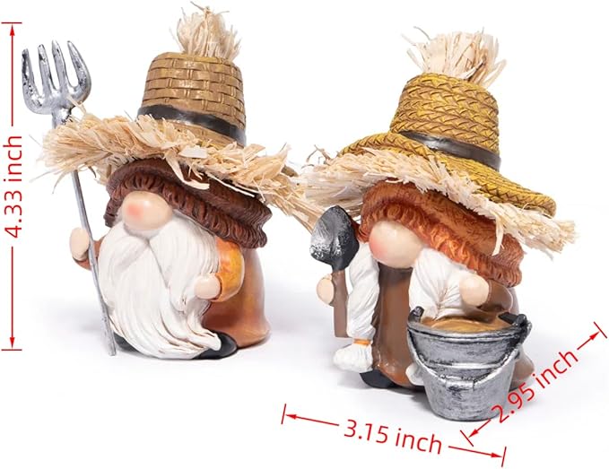 Hodao Farmer Gnomes Figurines — Rustic Resin with Straw Hats & Farm Tools, Hand-Painted Farmhouse Decor & Gift for Gardeners, Home, Porch(Orange)