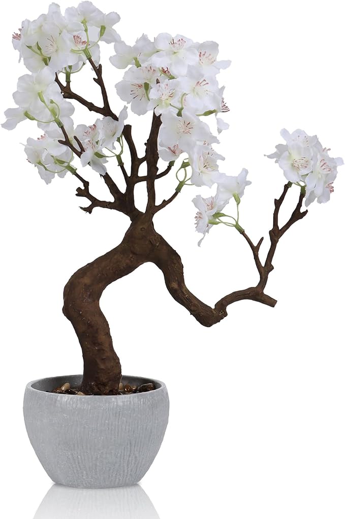 TOARTi Artificial White Cherry Blossom Potted Plant with Stone Pot, 12.2" Tall Fake Flowers Faux Plant Desk Decor, Decorative Plants Indoor Decor for for Home Bedroom Bathroom Office Desk