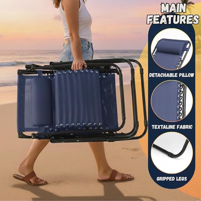 EZONE 1 - Chair Zero Gravity Lounge Chair Outdoor Adjustable Reclining Patio Chair Steel Mesh Folding Recliner for Pool Beach Camping Lounge Chair with Pillow and Cup Tray (1, Navy Blue)
