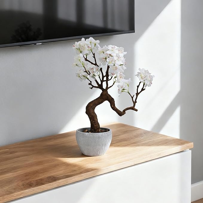 TOARTi Artificial White Cherry Blossom Potted Plant with Stone Pot, 12.2" Tall Fake Flowers Faux Plant Desk Decor, Decorative Plants Indoor Decor for for Home Bedroom Bathroom Office Desk