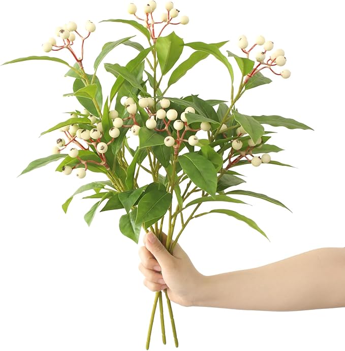 3 Pcs Artificial Greenery Plants, 18" Fake Green Plants Stems with White Berry Faux Leaves Branches for Table Fireplace Cabinet Livingroom Kitchen Festivals Home Party Wedding Decor (Green)