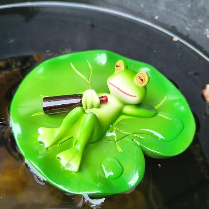 Cute Frog Lotus Leaf Resin Statue Paired with Beer Bottle - Bright Green Outdoor Garden Decoration. Frog Garden Decoration.