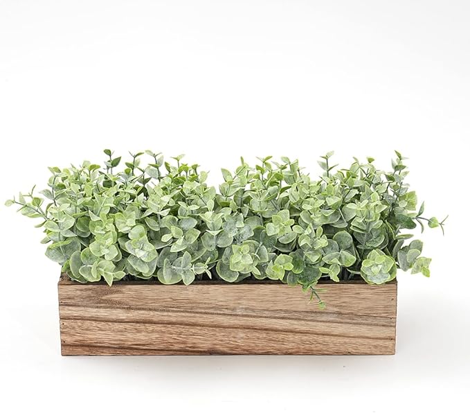 Artificial Eucalyptus Potted Plants Fake Potted Plants Rectangular Wooden Planter Box Artificial Eucalyptus Leaves for Suit Office Party Table Indoor and Outdoor Decor