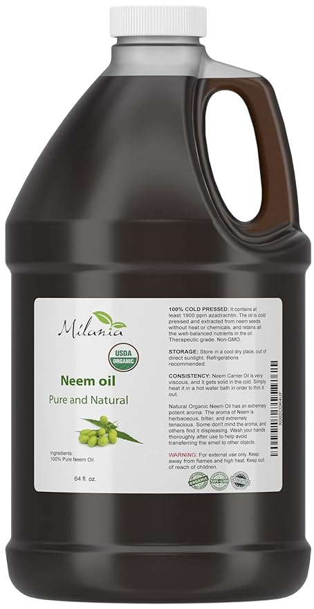 MILANIA Premium Organic Neem Oil Virgin, Cold Pressed (64 Fl. Oz.) Unrefined 100% Pure Natural Grade A. Excellent Quality.