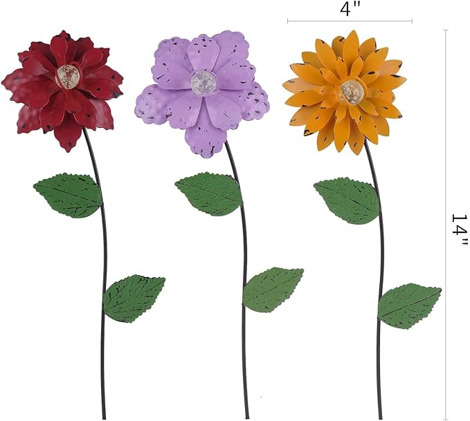 3 Pack Floral Garden Stake Decor, Glow in Dark Shaking Head Outdoor Plant Pick Water Proof Metal Flower Stick for Lawn Yard Patio Pathway Ornament