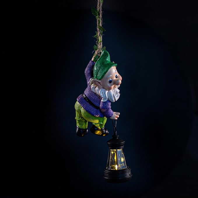 Garden Gnome Solar Lantern Decoration, Outdoor Figurine, Green and Purple, Weather-Resistant Resin