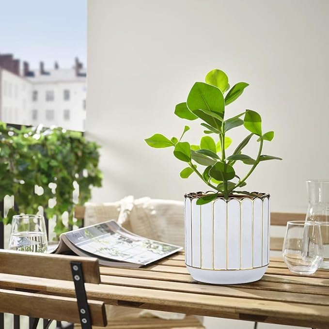 Ceramic Plants Pot 6.2+5.3 Inch Petal-Shaped Rim Pots Set of 2 for for Indoor Outdoor Succulent Plants or Flowers Gold and White