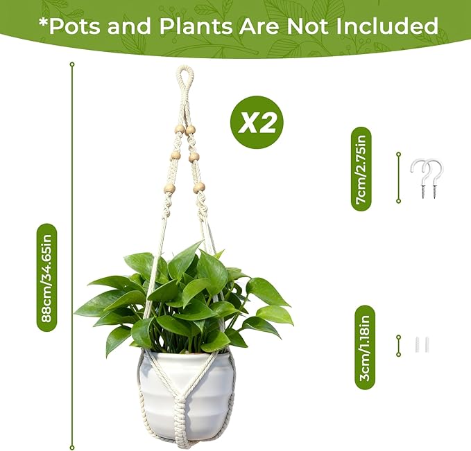 EJGIEGSO Macrame Plant Hanger, Up to 4-15 inch Pots, Wood Beads Cotton Hanging Planter Holder for Indoor Outdoor Boho Home Decor, 35 Inch, Set of 2 (Ivory)