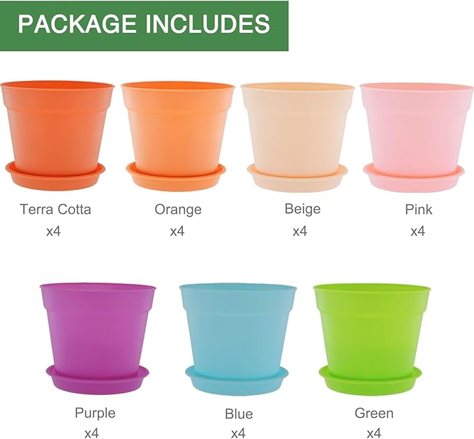 SwinDuck 4 inch Plant Pots, 28 Pack Small Plastic Planters with Drainage Holes and Saucers for Flowers Plants, Succulents, Seed Starting Pots, Colorful