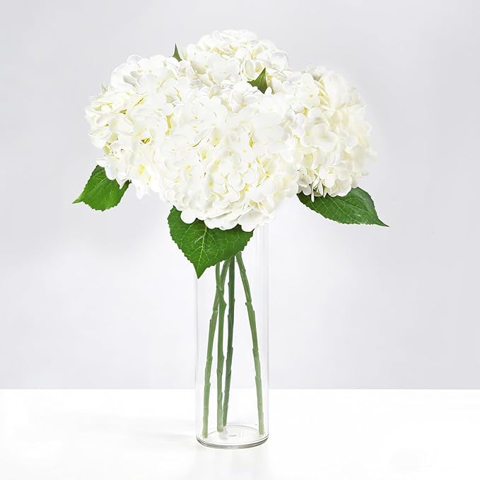 3Pcs 21 Inch White Faux Hydrangea Flowers, 3D Moisturizing Real Touch Latex Fake Flowers with Stems, for Wedding Bouquets Home Table Centerpieces Party Decor (White)