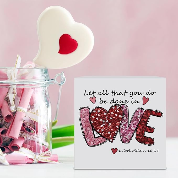 Valentines Day Decorations, Valentines Day Gifts for Her Him, Gift for Boyfriend Girlfriend, Pink Jesus Bible Verse Anniversary Christian Wooden Box Sign Husband Wife Home Office Bedroom Desk Decor