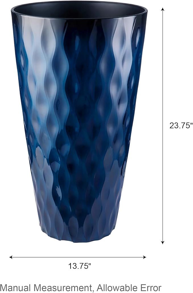 Glitzhome 23.75" H Tall Planter, Set of 2 Wavy Texture Cobalt Blue Large Tall Outdoor Planters, with Drainage Hole, Plastic Large Round Decorative Flower Plant Pot for Indoor, Front Porch