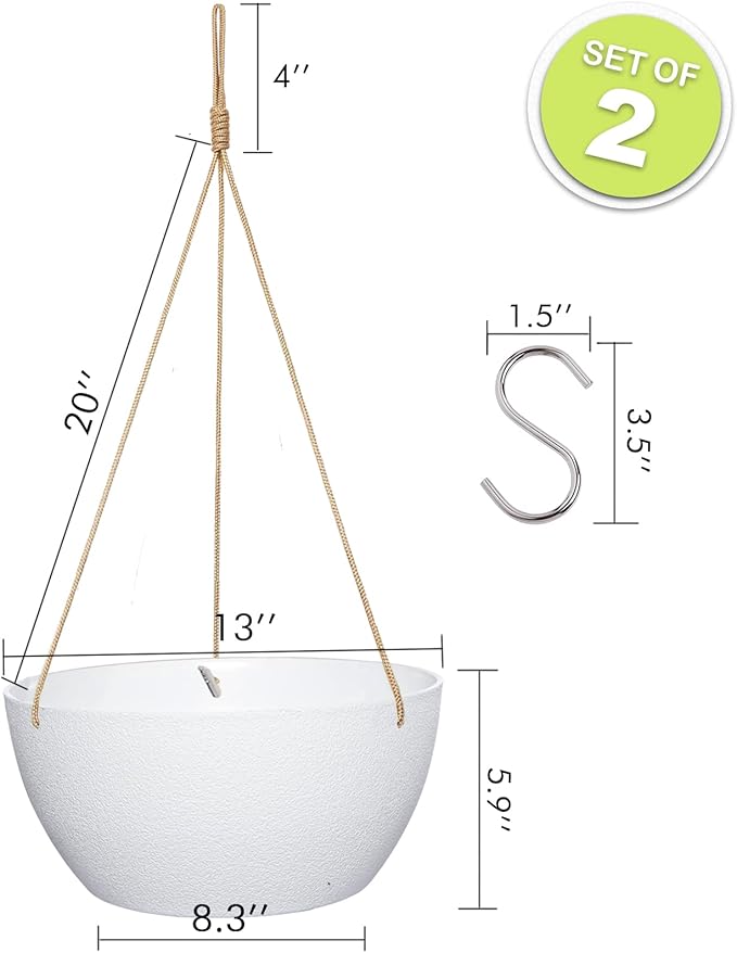 SwinDuck 13 Inch 2 Pack Large Hanging Planters for Indoor Outdoor Plants, Plastic Hanging Basket Pots for House Plants Flowers, White