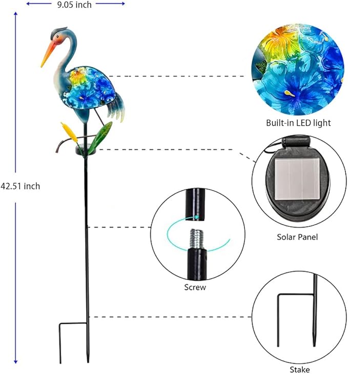 WUFEILY Heron Solar Garden Lights, Hand-Painted Glass Solar Garden Decor, Lawn Ornaments Solar Stake Lights Yard Art Solar Landscape Lights for Patio Lawn Yard Porch Decor