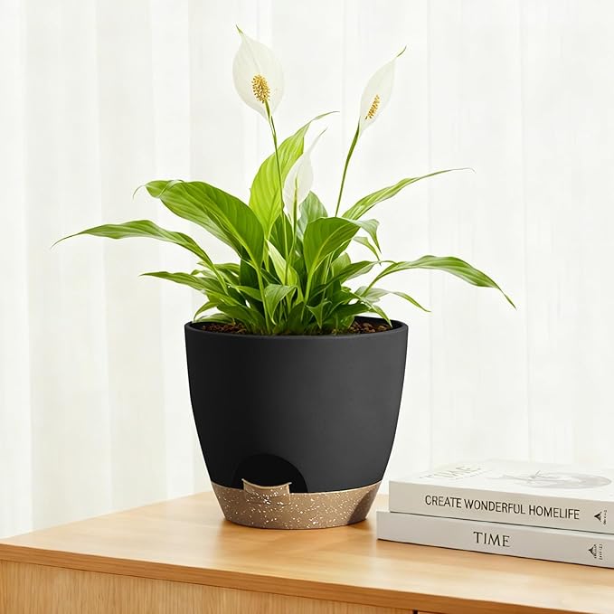 Hylitong Plant Pots 8/7.5/7/6.5/6 Inch Self Watering Pots,5 Pack Planters with Drainage Holes and Saucers,Plastic Flower Pots,Nursery Planters for Indoor Outdoor Plants (Black)