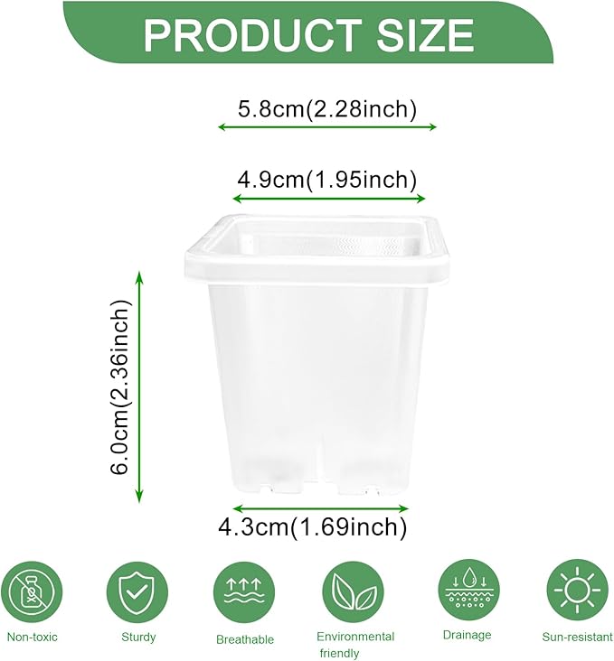 Gyfofix 2 Inch Square Plant Nursery Pots (Black+Clear),50Pcs Seedling Planter Seed Starter Pots,Sturdy Small Plastic Pots with Drainage Holes