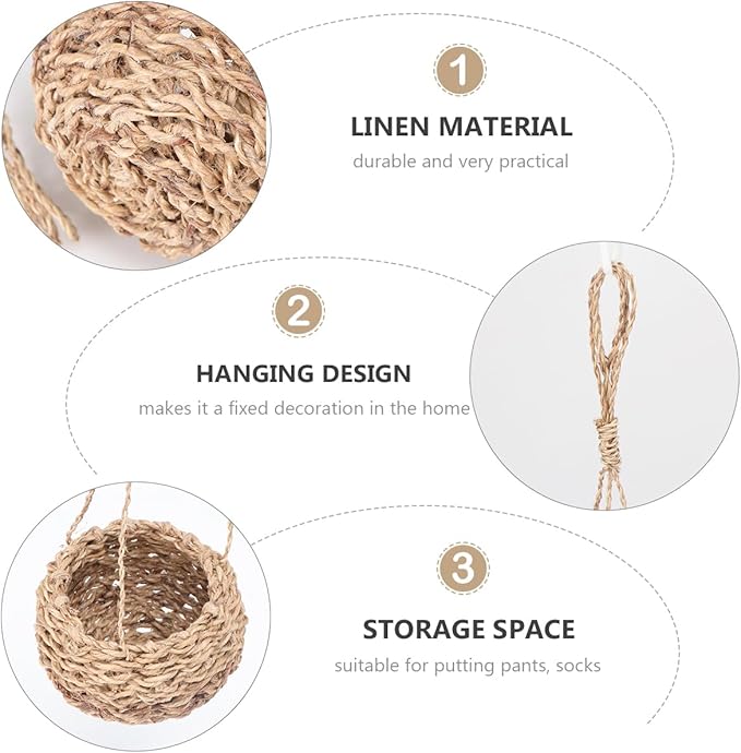 Hanging Planter, Rope Handled Wicker Basket for Indoor Plants, 10X10X9cm/3.93X3.93X3 inches, Light Brown