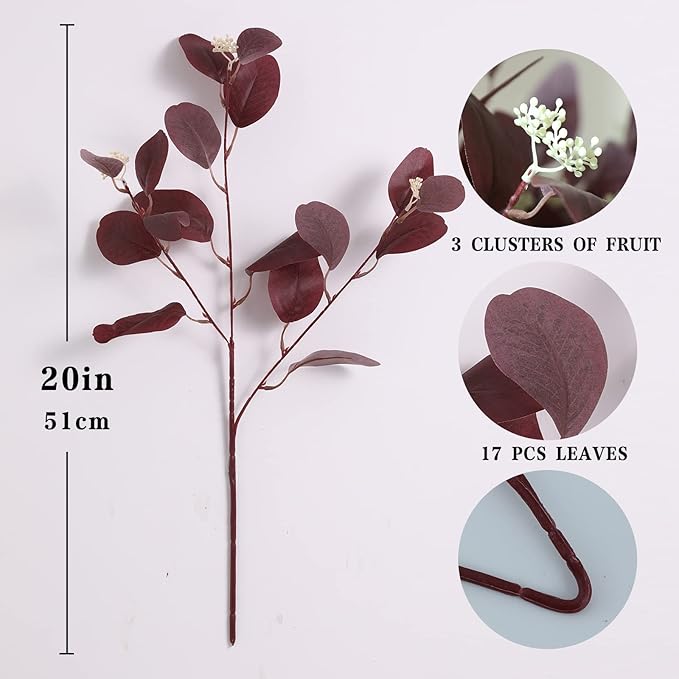 20" Silk Artificial Eucalyptus Stems, 12Pcs Fake Eucalyptus Stem with Leaves Berries, Greenery Plants Floral Decorations for Wedding Party Flowers Arrangement Home Decor (Burgundy)