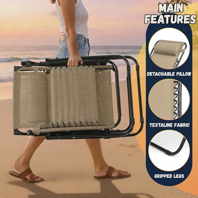 EZONE 1 - Chair Zero Gravity Lounge Chair Outdoor Adjustable Reclining Patio Chair Steel Mesh Folding Recliner for Pool Beach Camping Lounge Chair with Pillow and Cup Tray (1, Beige)
