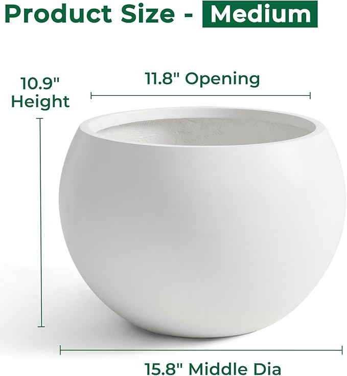 FloraFairy Fiberstone Sphere Planter, 15.8" Dia Round Flower Pot with Drainage Hole and Removable Plug, Plant Pot for Indoor Outdoor Use, 11.8" Opening-10.9" H Medium, White
