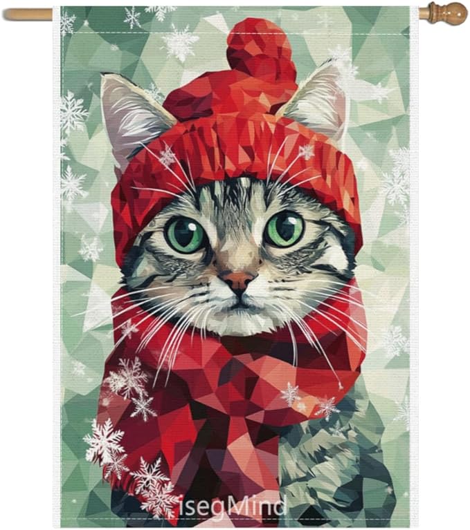 American shorthair Cat with Red Scarf and Hat Snowflake Christmas Garden Flag, 28x40 Inch Double Sided Linen Holiday Red Winter Farmhouse Yard Outdoor Decoration (4330)