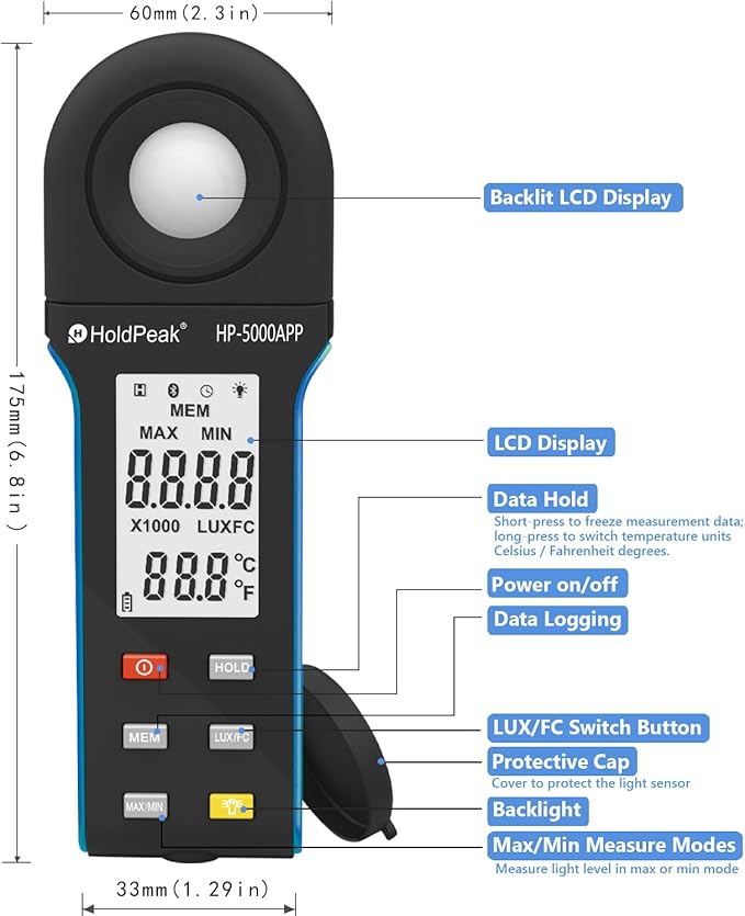 HoldPeak Illuminance Light Meter with Bluetooth, Digital Lux Foot Candles Meter 0.1~400,000 Lux with 270º Rotating Sensor, Lumen Meter Luxmeter for Plants, Car Headlights, Home & Office LEDs