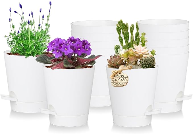 zople 12 Pack 4 Inch Self Watering Plant Pots with Drainage and Saucers，Plastic Flower Pots for Indoor and Outdoor Plants, Nursery Planters for Houseplants and Herbs White, 4 inch 12pcs