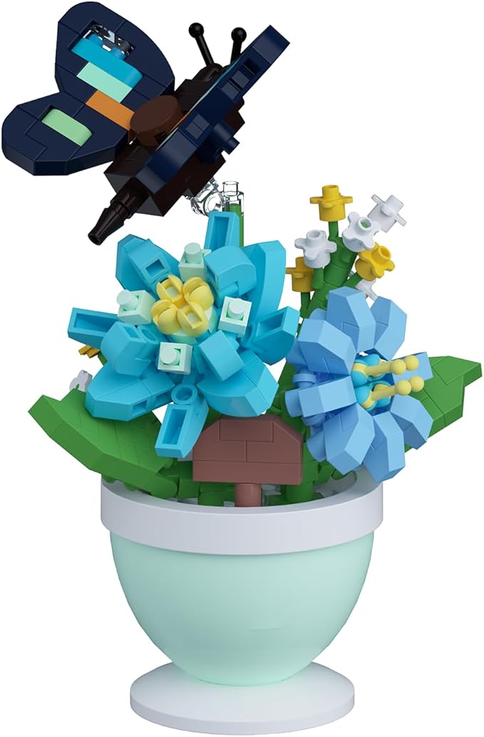 Sacblirr Mini Flower Bonsai with Cute Insects Blue Rosa Butterfly - DIY Potted Plant Building Blocks for Kids and Adults, Botanical Collection Decor Toy