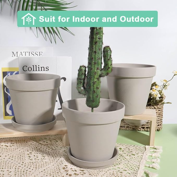 vensovo Grey Terracotta & Clay Pots with Saucer - 6 Pack 5 Inch Terra Cotta Pot Ceramic Pottery Planter Cactus Flowerpots Drainage Hole, Great for Plants, Crafts and Wedding Favor
