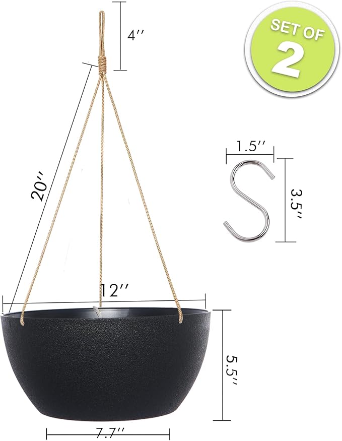 SwinDuck 12 Inch 2 Pack Large Hanging Planters for Indoor Outdoor Plants, Plastic Hanging Basket Pots for House Plants Flowers, Black