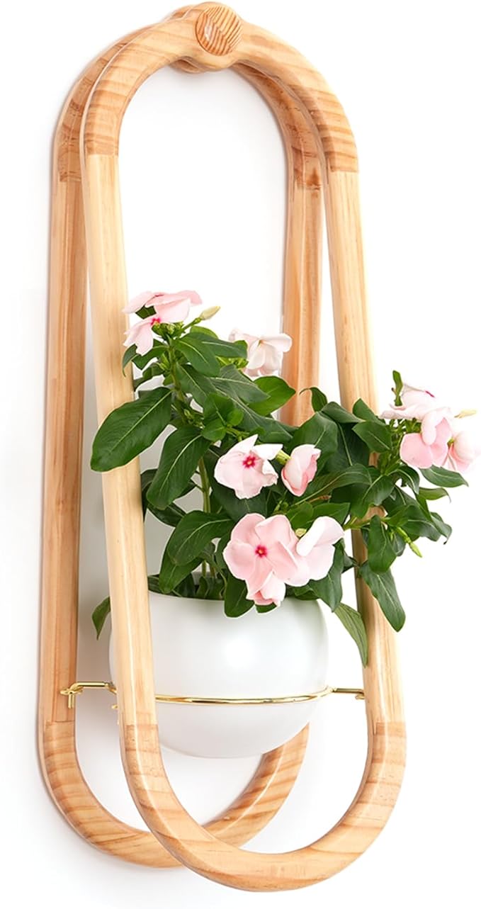 NEKL Wooden Wall Planters for Indoor with Ceramic Pot - Modern Hanging Plant stand Shelf for Indoor Plants, Wall Mounted Plant Holder for Living Room, Bedroom, Wall Decor - Raw Wood Color (Set of 1)
