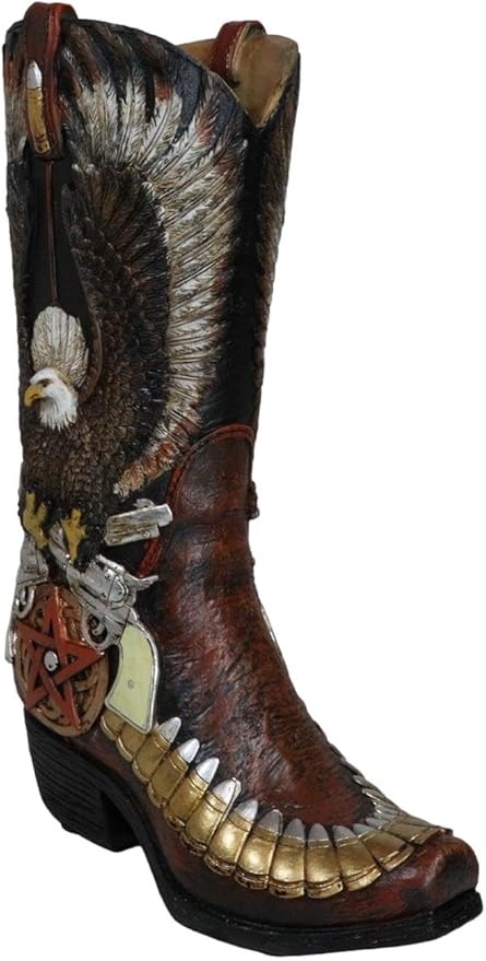Ebros Gift Rustic Country Western Wild West Bald Eagle with Open Wings Clutching Crossed Revolver Guns and Pentagram Star Faux Tooled Leather Cowboy Boot Decorative Flower Vase Or Planter Figurine