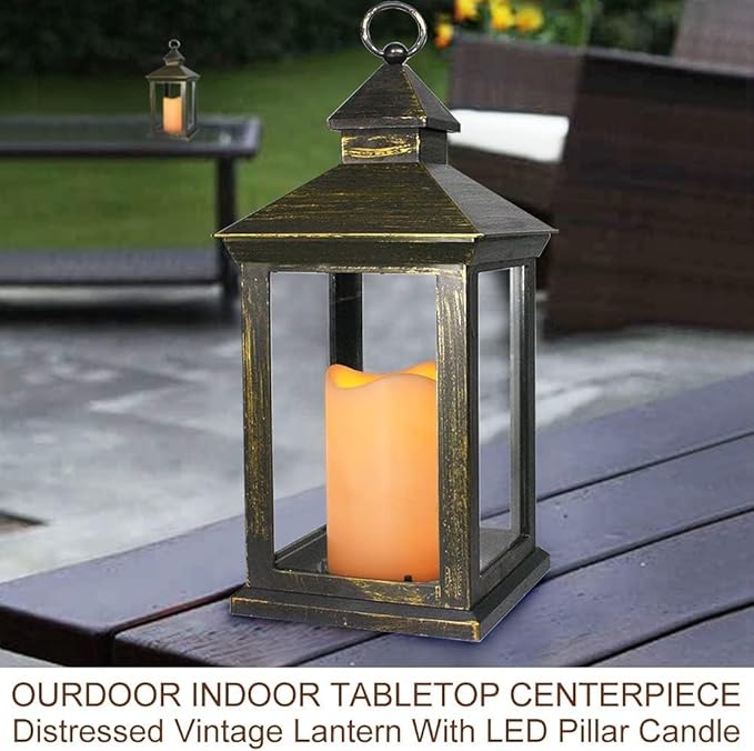 Bright Zeal 14" Tall Vintage Decorative Lantern with LED Pillar Candle (Distressed Gold) - Outdoor Lights Decorative Hanging - Battery Lantern with Timer - Vintage Candle Light