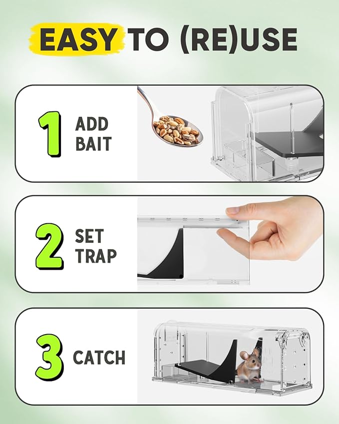 Motel Mouse Humane Mouse Traps No Kill Live Catch and Release 2 Pack - Reusable, Easy to Use & Clean, No Touch Release, Sensitive Includes Cleaning Brush, Instruction Manual & Video - Mousetrap Indoor