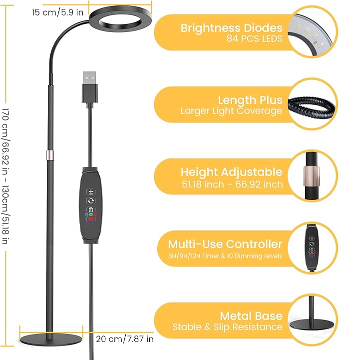 bseah Grow Light Plant Light for Indoor Plants, Full Spectrum Grow Lamp with Pedestal Stand, Automatic Timer for 3H/9H/12H, 10 Dimmable Levels, Height Adjustable 51-67in Black