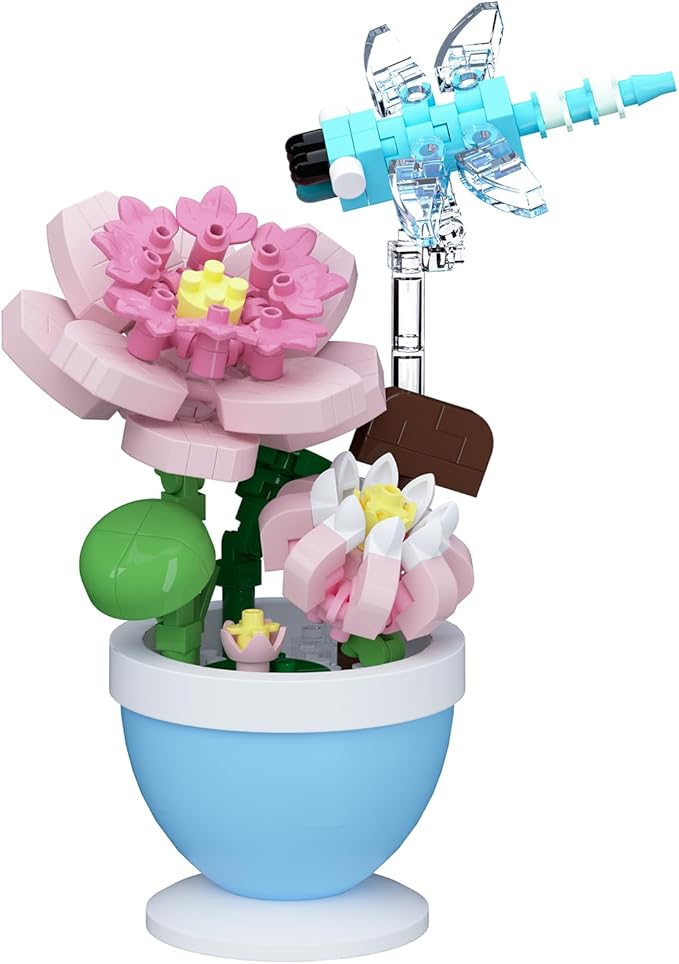 Sacblirr Mini Flower Bonsai with Cute Insects Lotus Dragonfly - DIY Potted Plant Building Blocks for Kids and Adults, Botanical Collection Decor Toy