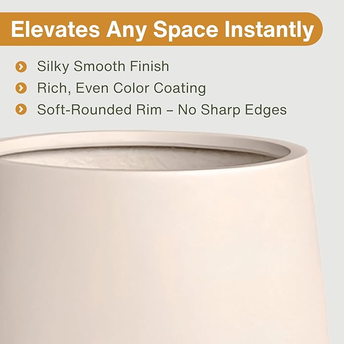 KUTE NEST 21"H x 19"D Corso Fiberstone Round Tapered Planter with Drainage Hole, Smooth Finishes, Weather Resistant for Indoor & Outdoor Use, Included 2 Extra Coco Mats (Kilim Beige, 15" Pot Opening)