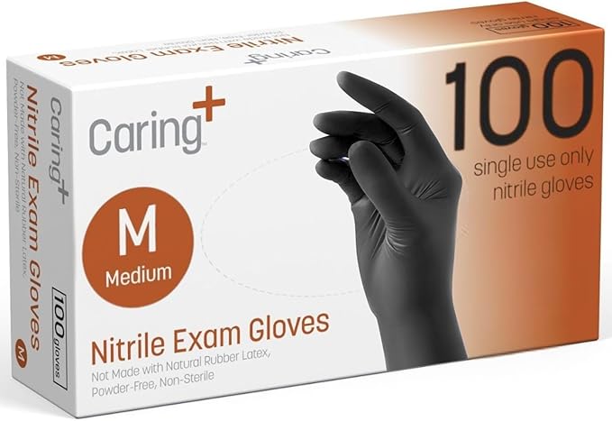 Caring Nitrile Exam Gloves, 100 Count, Powder Free and Without Natural Rubber Latex, Gloves for Cleaning, Food Prep, Black