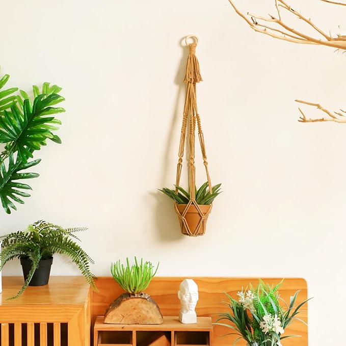 Artilady Plant Hanger Indoor Macrame Hanging Planters for Plants Holder Boho Brown Basket No Tassels Farmhouse Rustic Window Wall Decor (Brown Planter)