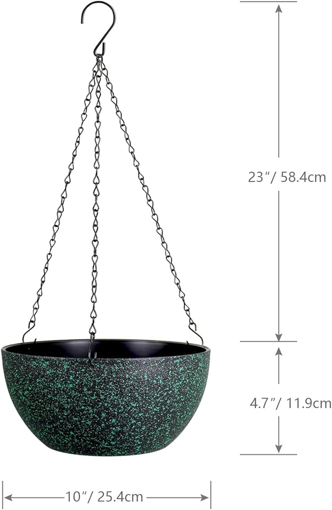 WSMKSZ 10inch Hanging Planters for Outdoor Indoor Plants with Drainage Holes and Chain, 2 Pack Round Hanging Flower Pots for Garden Home Porch Decor, Black with Green Speckles
