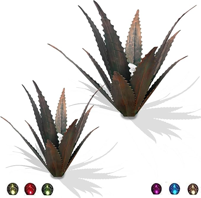 Muciwa 2 PCS Metal Agave Sculpture Decoration, Vintage Country Hand-Painted Sculpture DIY Metal Agave Plant, Home Garden Courtyard Lawn Outdoor Decoration (Serrated Antique Bronze Color)