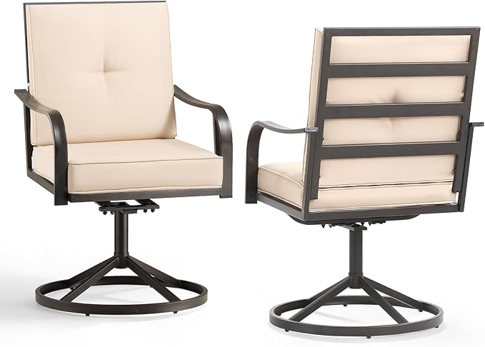 Patio Swivel Chairs Set of 2, Outdoor Swivel Dining Chairs with Thickened Cushions, All Weather Metal Patio Chair for Garden Lawn Porch, Beige
