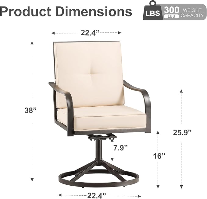 Patio Swivel Chairs Set of 2, Outdoor Swivel Dining Chairs with Thickened Cushions, All Weather Metal Patio Chair for Garden Lawn Porch, Beige