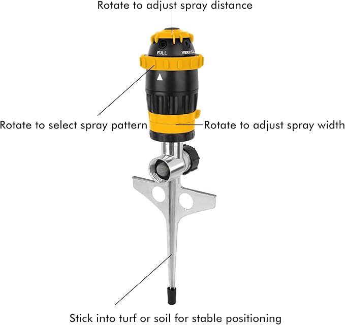 [2 Pack] RESTMO Gear Drive Sprinkler with Metal Spike Base, 5-Pattern Heavy Duty Gardening Watering System, Multi-Adjustable Lawn Sprinkle for Garden Plant, Flower Bed and Large Yard Area, Yellow