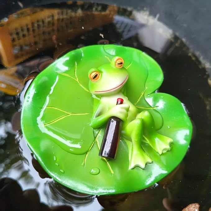 Cute Frog Lotus Leaf Resin Statue Paired with Beer Bottle - Bright Green Outdoor Garden Decoration. Frog Garden Decoration.